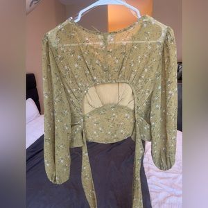 Green and floral blouse with ties in the back